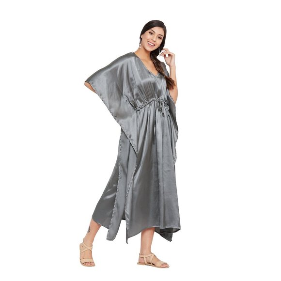 Gypsie Blu Satin Caftan Maxi Dress Grey Caftan Cover Up Dresses for Night Wear - Picture 5 of 10